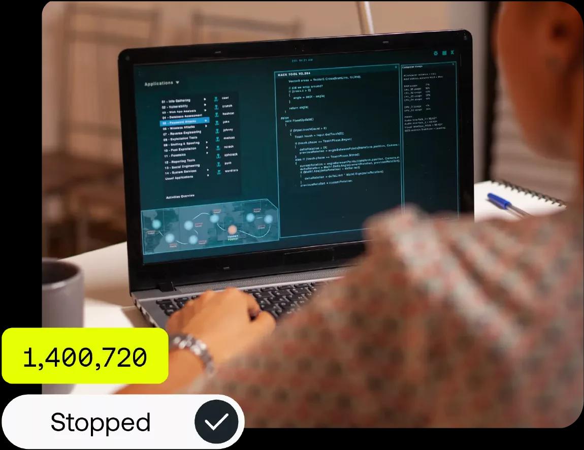 Image of a treasury manager using Kyriba's threat intelligence to stop ransomware, theft, and abuse